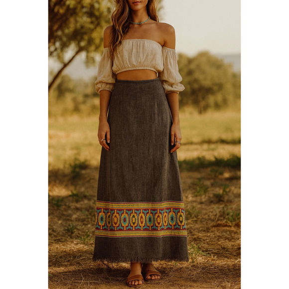 Vintage Y2K Free People Aztec Maxi Skirt Size 8 26" Gray Fray Hem Boho Hippie - Picture 1 of 16